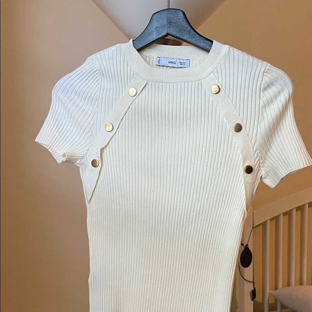 Mango Cream Ribbed Knit Top with Gold Buttons